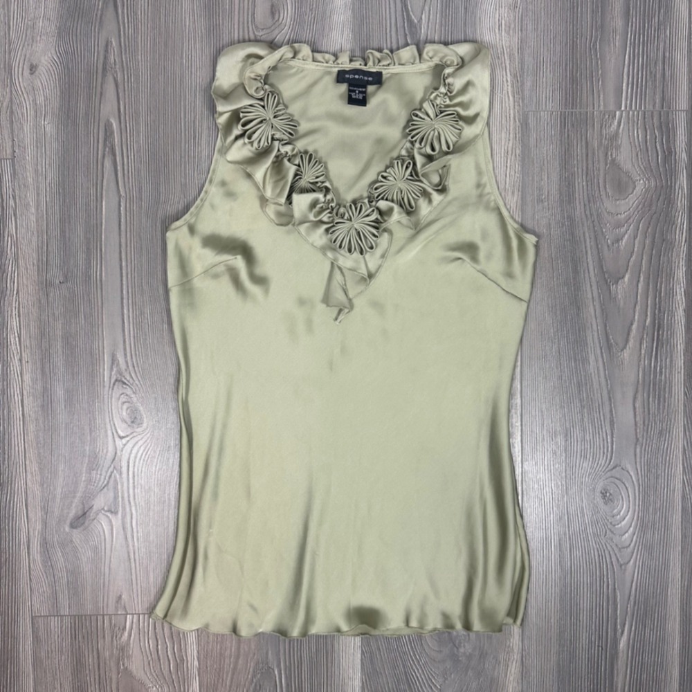 Spense Sage Green Satin Sleeveless Blouse Vneck Ruffle Floral‎ Neckline - SIZE S